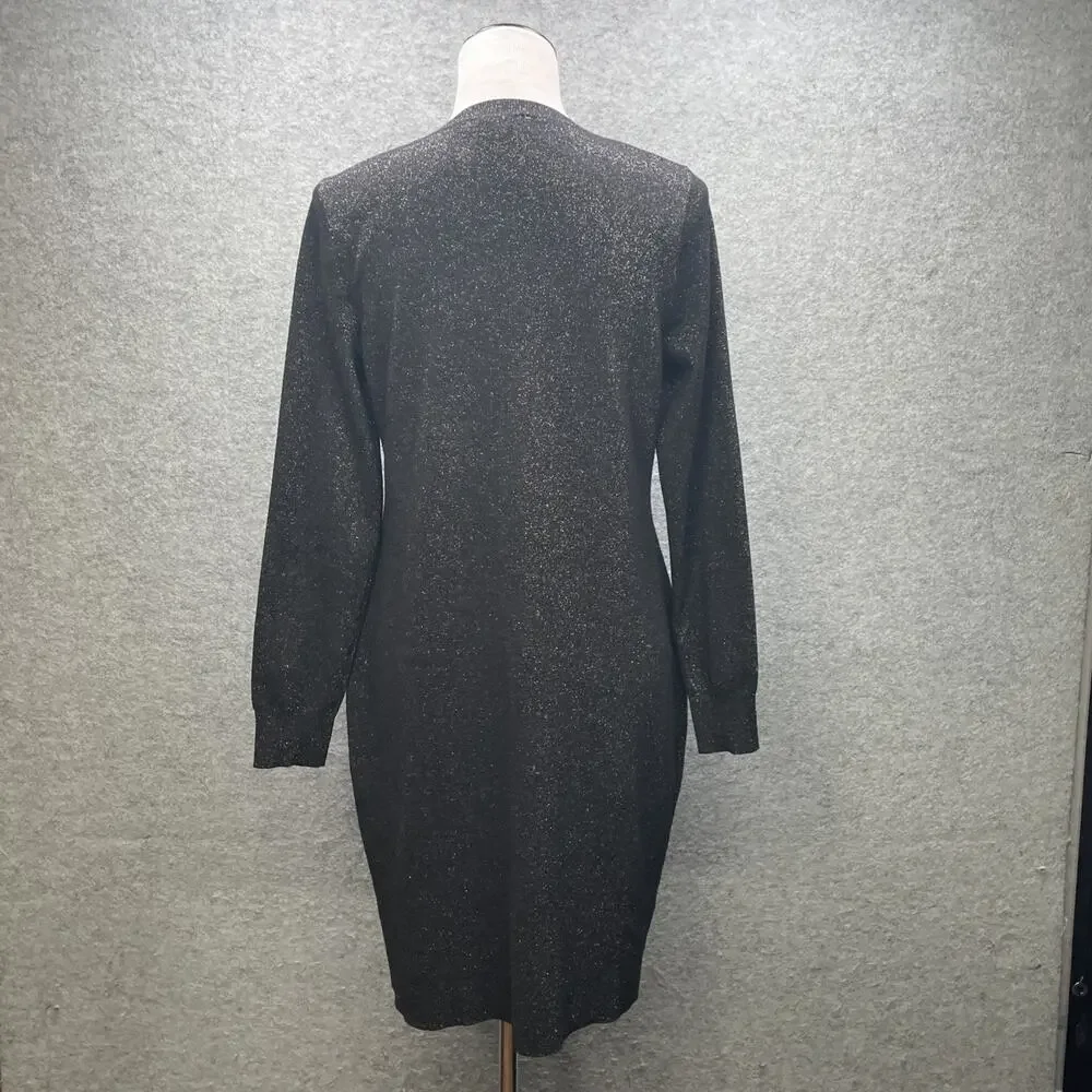 Loft Women L Black/Gold Shimmer Knit Dress Long Slv Fitted Sheath Cocktail Party